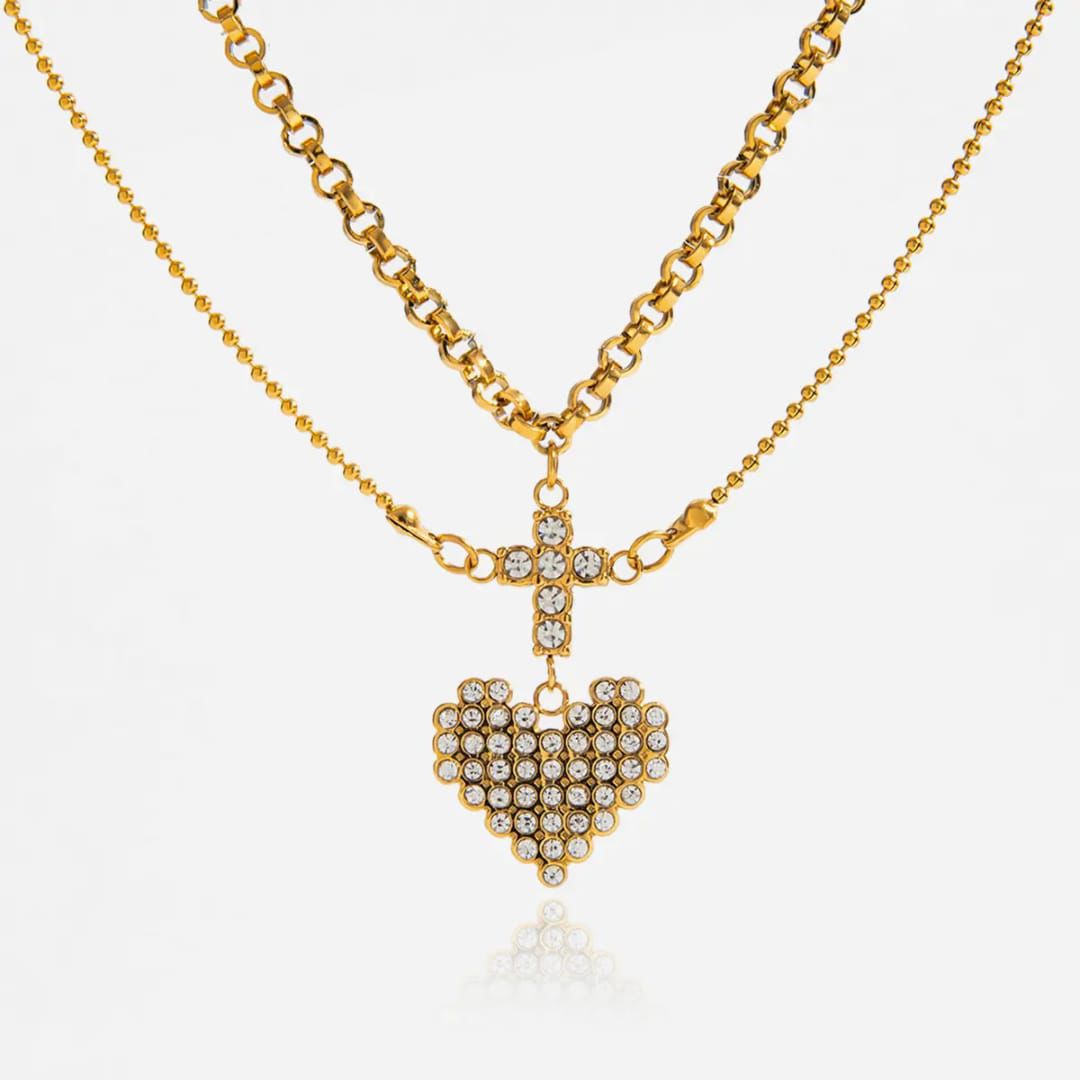 Cross + Heart Sparkly layered necklace